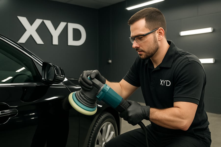 Car detailing professional polishing a vehicle at Xyd